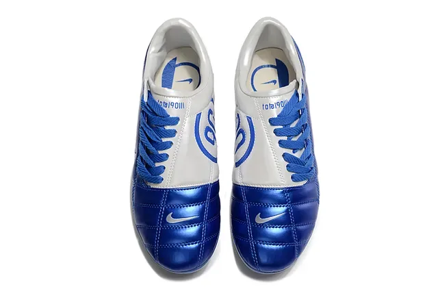 Nike Chaussures de Football Bleu Blanc Métallique Tige Matelassée Talon Bas Lacets Terrain Firme 2