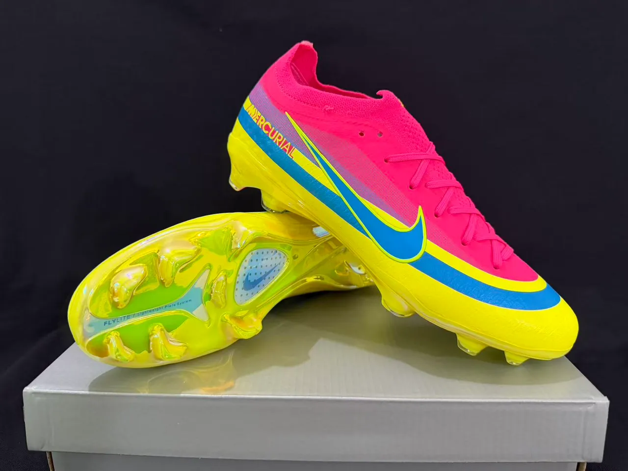 Nike Mercurial Pink Yellow Low-Cut Knit Upper Translucent Neon Soleplate Firm-Ground Soccer Shoes 9