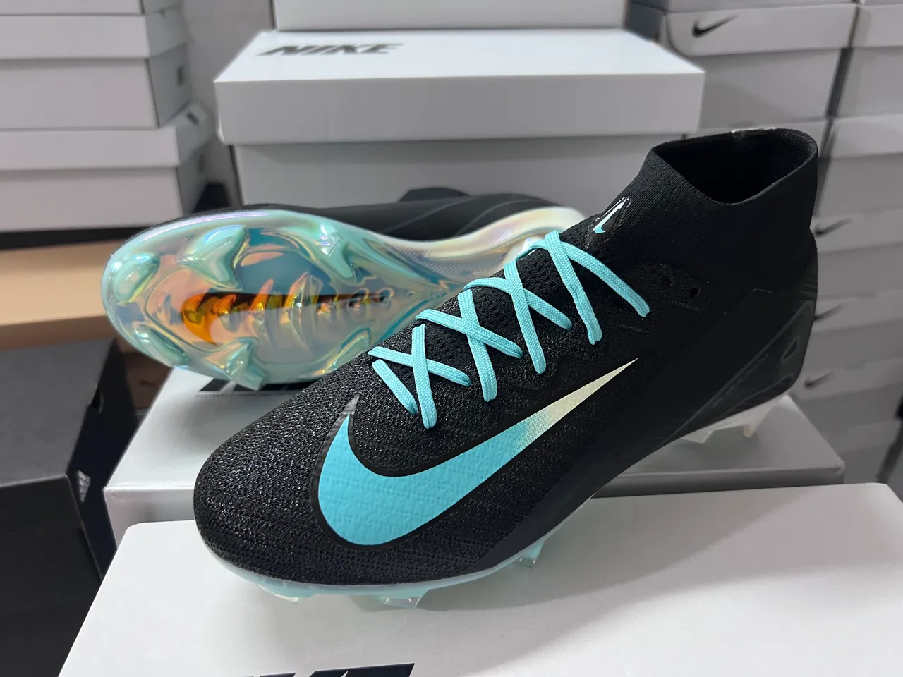 Nike Mercurial Superfly Black Turquoise Iridescent Firm-Ground Soccer Shoes 9