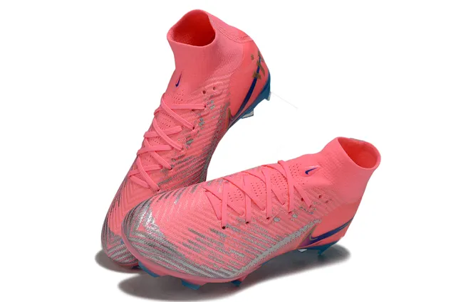 Nike Mercurial Superfly Zapatos de fútbol rosa y azul con cuello alto tipo calcetín para superficie firme 2