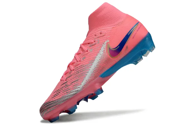 Nike Mercurial Superfly Zapatos de fútbol rosa y azul con cuello alto tipo calcetín para superficie firme 4