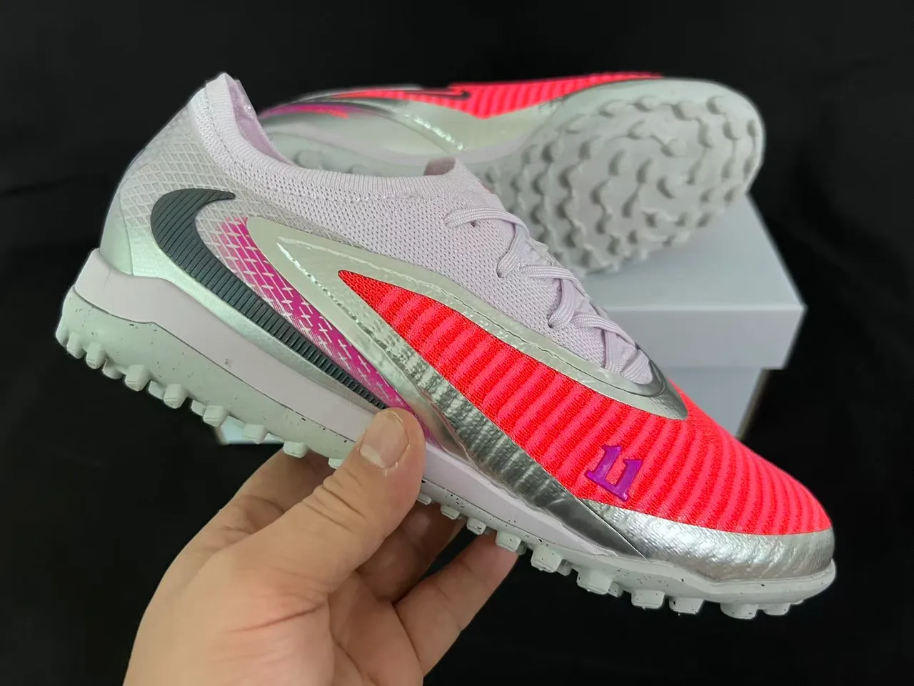 Nike Orange Rose Tricot Supérieur Réfléchissant Argent Swoosh Gazon Football Chaussures 13