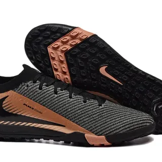 Nike Phantom GT Black Gold Knit Upper Metallic Copper Accents Turf Soccer Shoes
