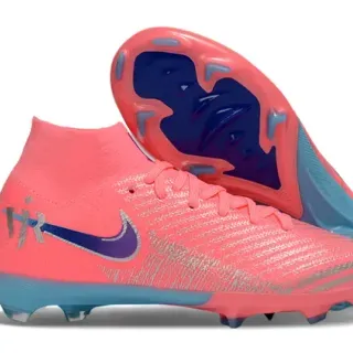 حذاء كرة قدم Nike وردي أزرق ارتفاع عالي قماش شبيكي ياقة جورب أرضية صلبة