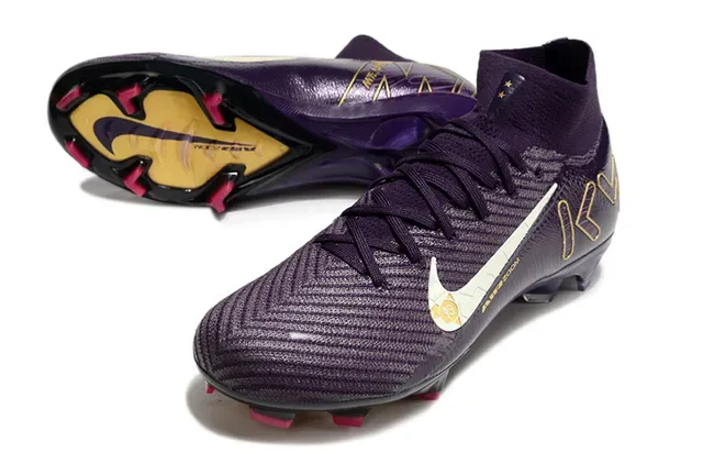 Nike Roxo Dourado Alto Ajuste de meias Parte superior Flyknit Construção Firm-Ground Sapatos de futebol 2