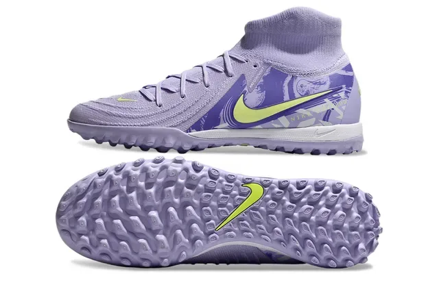 Nike Sapatos de futebol turf roxo e amarelo alto com superior de tricô e colar ajustável a meia 5