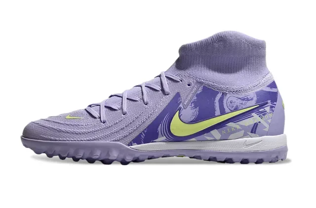 Nike Sapatos de futebol turf roxo e amarelo alto com superior de tricô e colar ajustável a meia 8