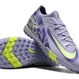 Nike Zapatillas de fútbol turf con upper de punto morado y amarillo, cuello bajo