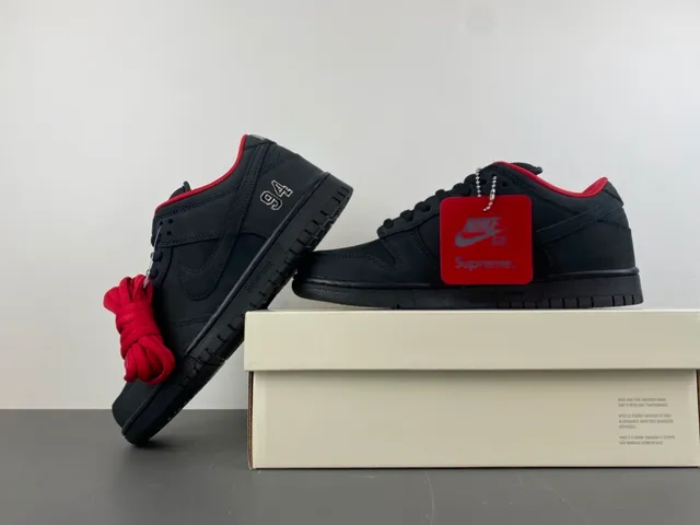 Nike SB Dunk Low Supreme Black Red Skateboard Shoes 14