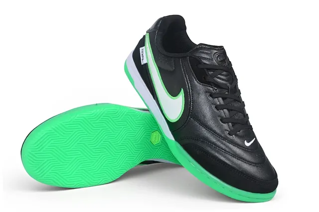 Nike Tiempo Noir Vert Bas Haut Cuir Synthétique Supérieur Chaussures de Football Indoor 4