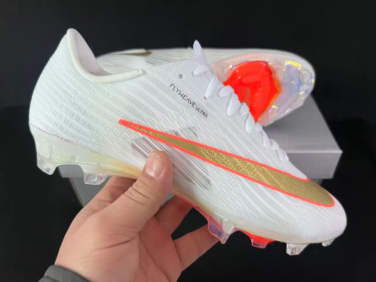 Nike White Gold Flyweave Knit Upper Transparent Iridescent Sole Firm-Ground Soccer Shoes 6