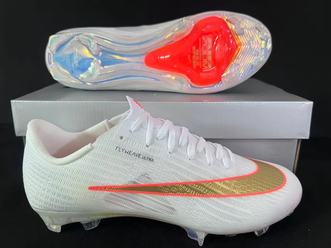 Nike White Gold Flyweave Knit Upper Transparent Iridescent Sole Firm-Ground Soccer Shoes 7