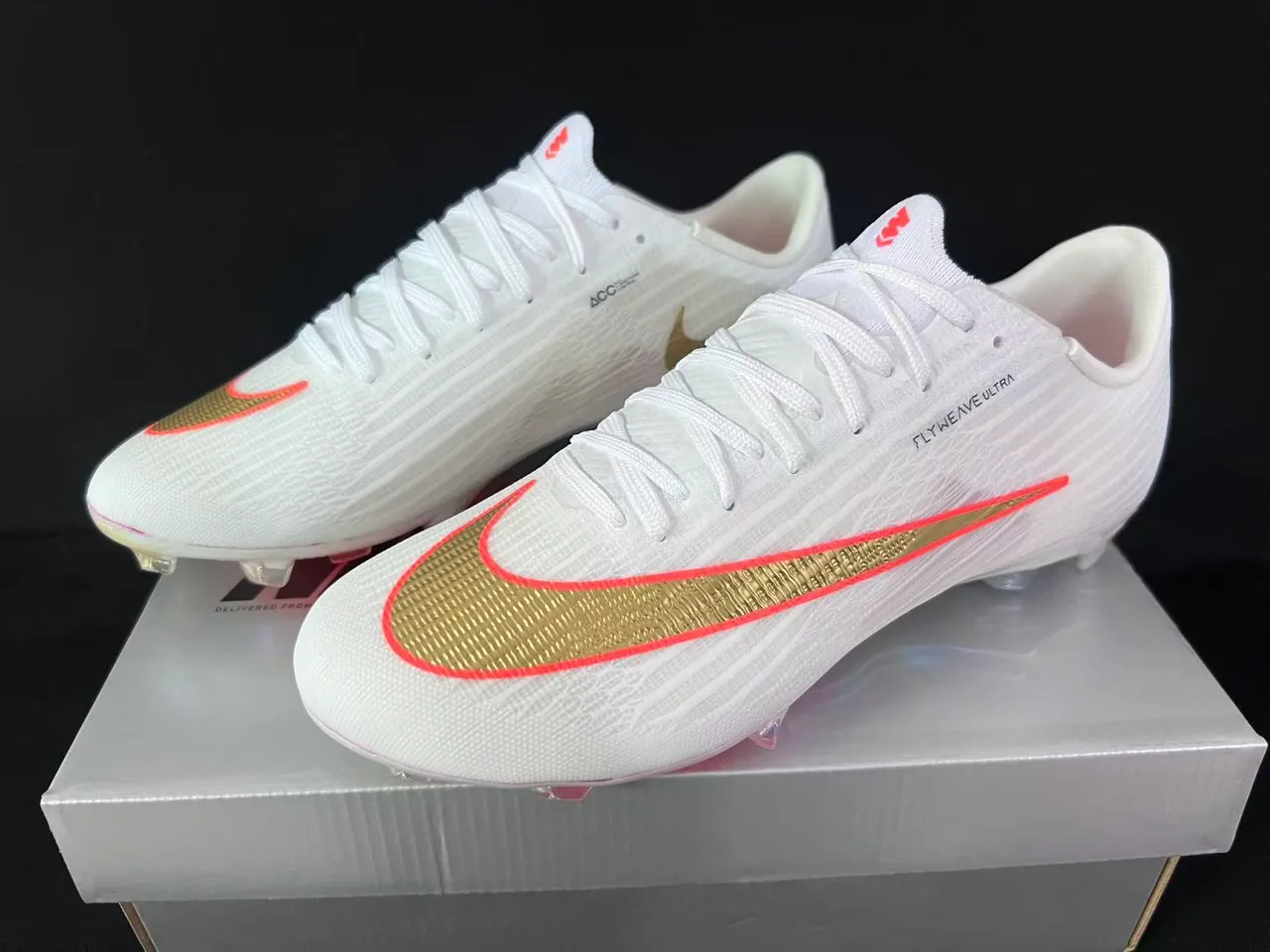 Nike White Gold Flyweave Knit Upper Transparent Iridescent Sole Firm-Ground Soccer Shoes 8