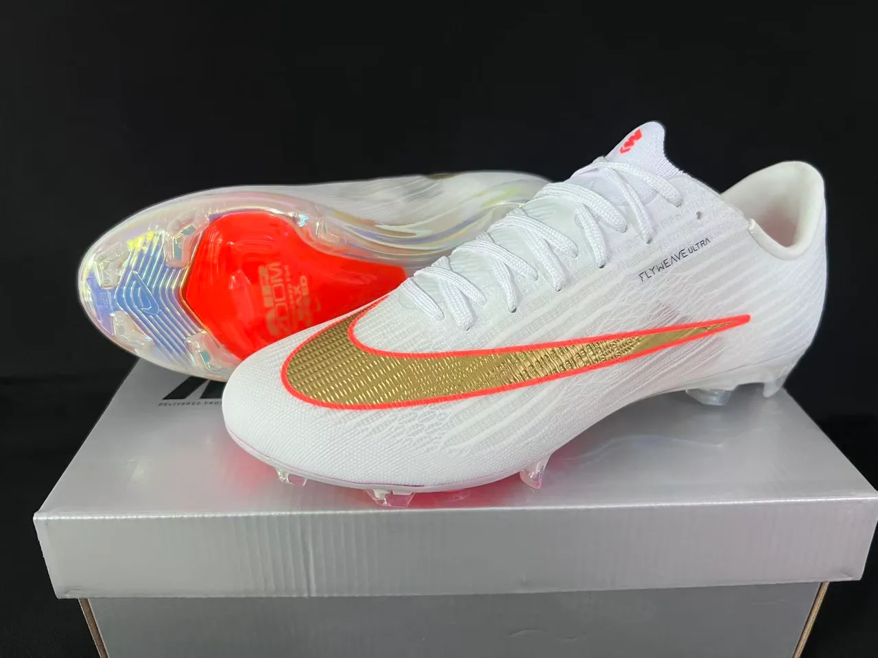 Nike White Gold Flyweave Knit Upper Transparent Iridescent Sole Firm-Ground Soccer Shoes 9