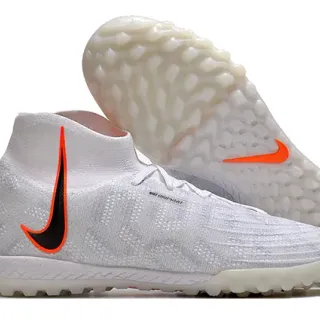 Nike Branco Laranja Tricô Ajuste de Meia Superior Colar Alto Sapatos de Futebol para Gramado