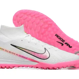 Nike White Pink High-Cut Sock-Fit Collar Flyknit Upper Turf Soccer Shoes