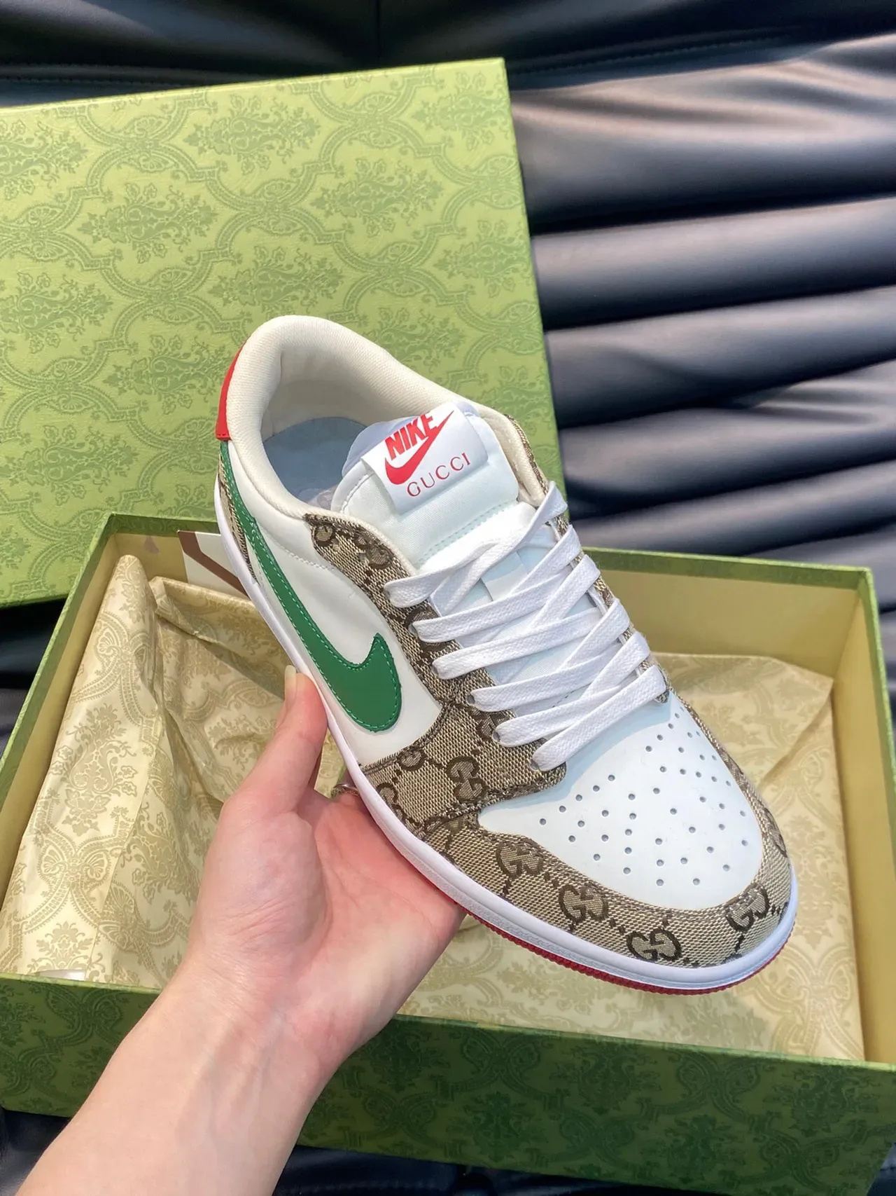 Nike x Gucci Air Jordan 1 Low GG Monogram White Green Red Lifestyle Sneakers 6