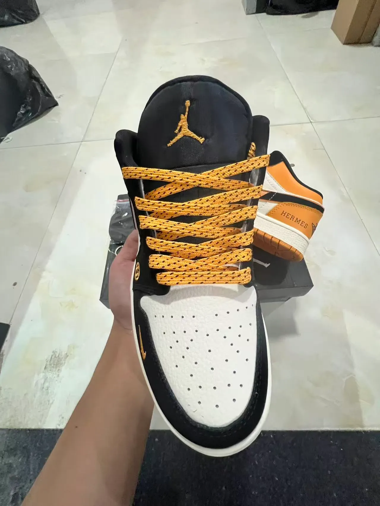 Nike x Hermès Air Jordan 1 Low Tan Black White Lifestyle Sneakers 3