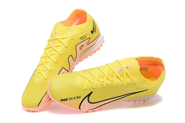 Nike Yellow Orange Flyknit Upper Peach Studs Turf Soccer Shoes 2
