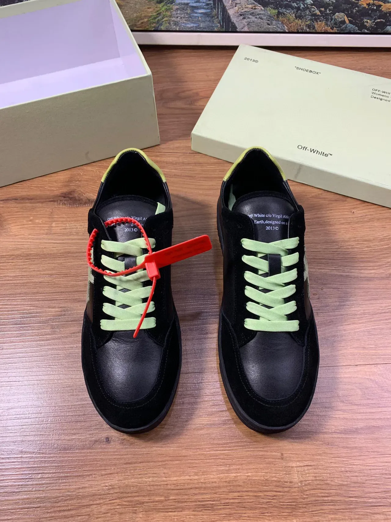 Off-White Noir Vert Daim et Cuir Supérieur Lacets Néo Chaussures Lifestyle 9