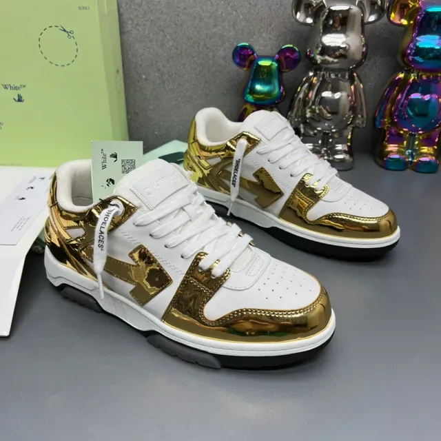 Off-White Sneakers Chunky en cuir patent doré métallique avec motif de flèche diagonale 8