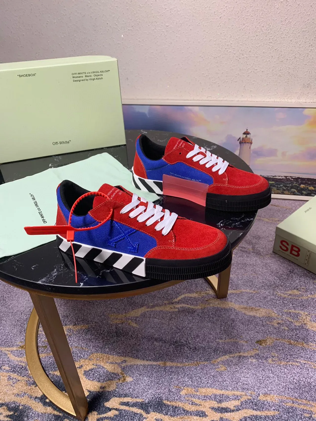 Off-White Red Blue Deconstructed Paneling Industrial Stripe Midsole Lifestyle Sneakers 6