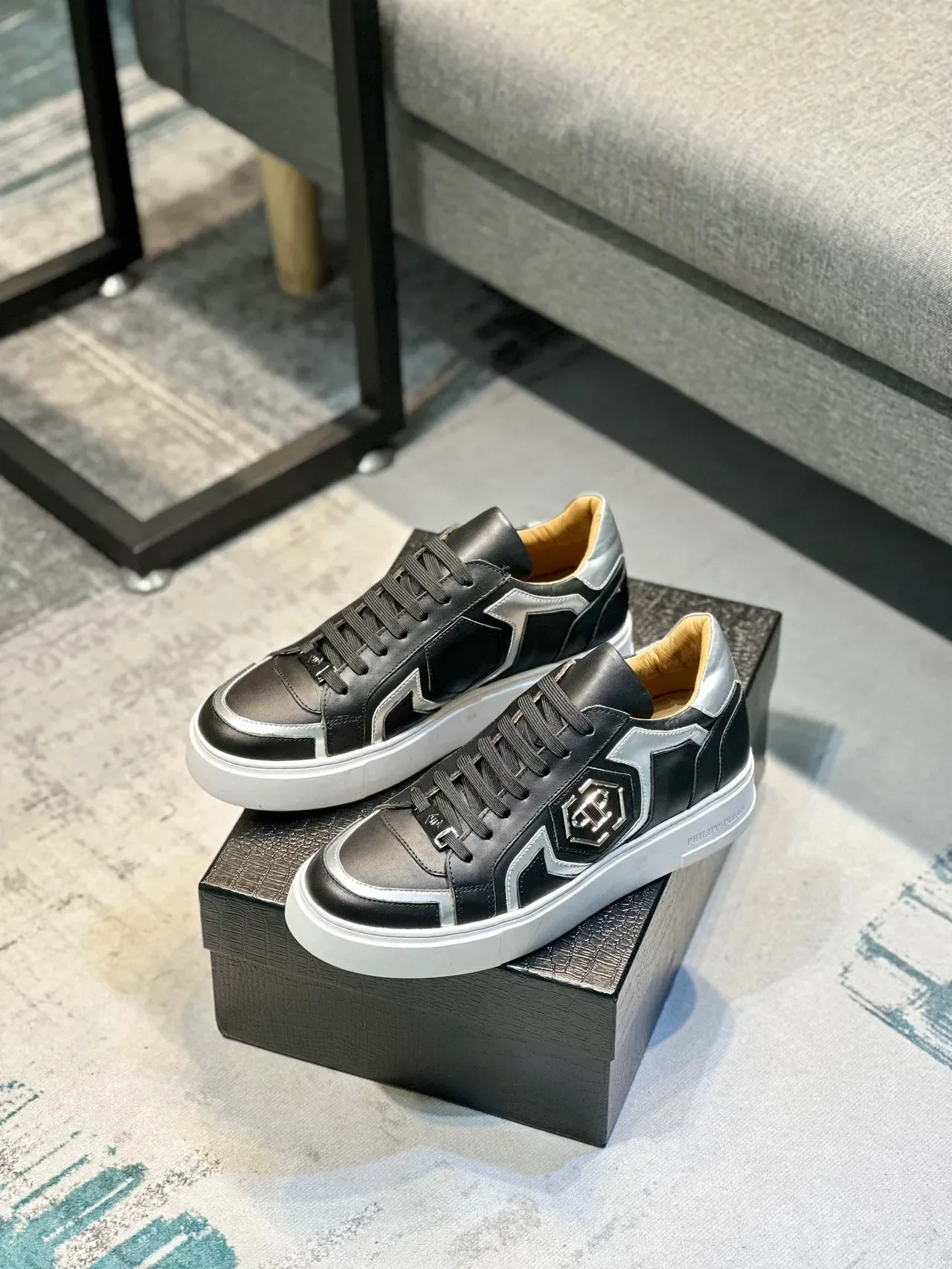 Philipp Plein Black and Silver Platform Leather Sneaker 9