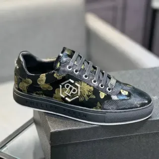 Philipp Plein Black Gold Glossy Snakeskin-Textured Upper Floral And Butterfly Print Lifestyle Sneakers