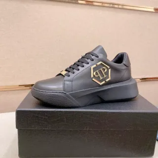 Philipp Plein काला सोना मैट चमड़ा षट्कोणीय PP Logo जीवनशैली स्नीकर्स
