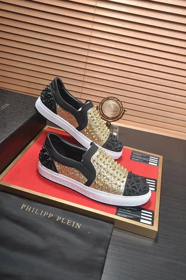 Philipp Plein أحذية رياضية أسود ذهبي بدون ربطة مزينة بـ Glitter لنمط الحياة 6