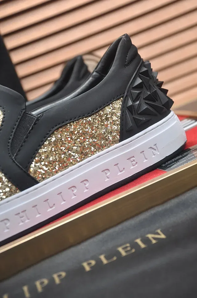 Philipp Plein أحذية رياضية أسود ذهبي بدون ربطة مزينة بـ Glitter لنمط الحياة 9