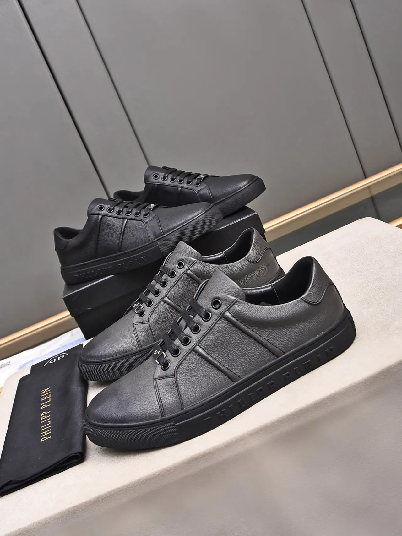 Philipp Plein Black Pebbled Leather Low-Top Sneaker 2