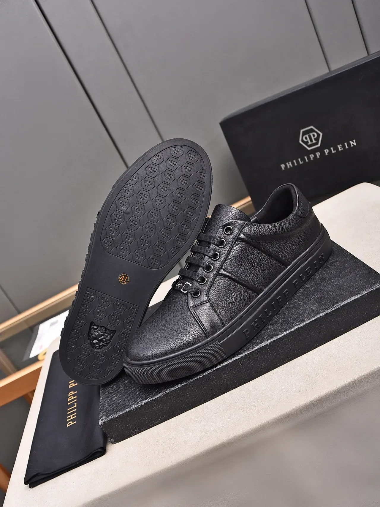 Philipp Plein Black Pebbled Leather Low-Top Sneaker 4