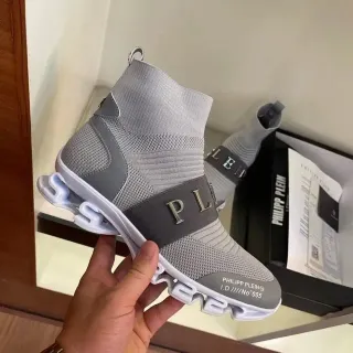 Philipp Plein ग्रे ब्लैक सॉक-फिट निट अपर मोनोग्राम्ड स्ट्रैप लाइफस्टाइल स्नीकर्स