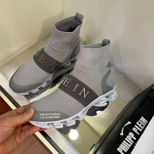 Philipp Plein Gris Noir Chaussures Lifestyle à Empiècement en Maille Ajustable Sangle Monogrammée 5