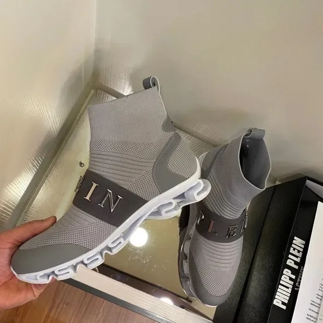 Philipp Plein Gris Noir Chaussures Lifestyle à Empiècement en Maille Ajustable Sangle Monogrammée 8