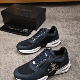 Philipp Plein Navy White Leather-Mesh Hybrid Upper Silver Skull-and-Crossbones Emblem Chunky Sneakers