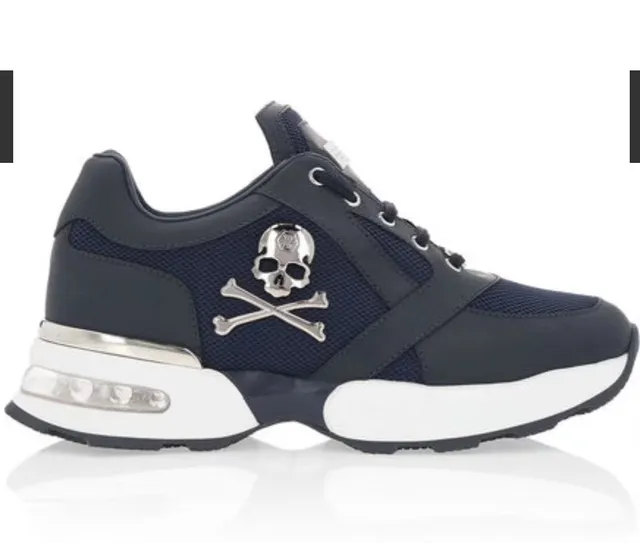 Philipp Plein Navy White Upper cuir-mesh hybride Emblème Skull-and-Crossbones en argent Chaussures chunky 4