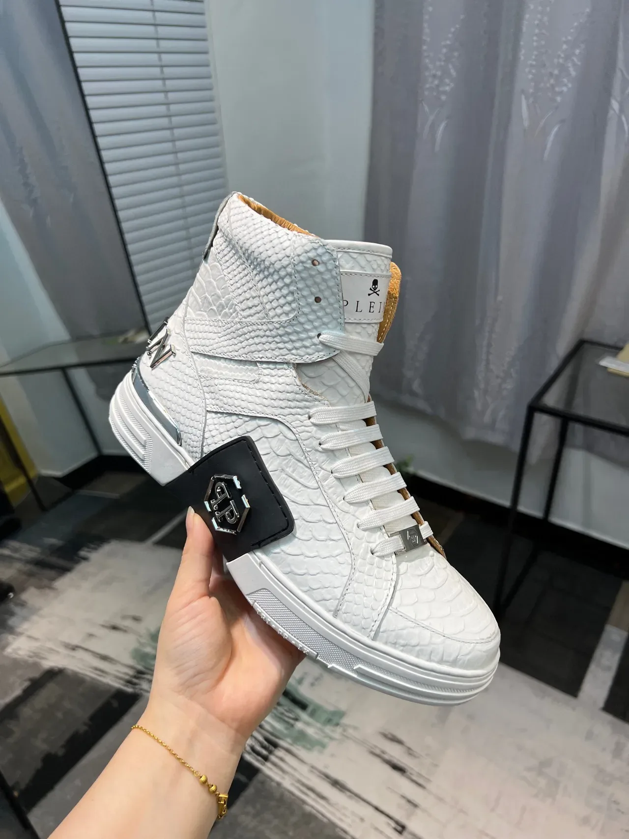 Philipp Plein White Black High-Top Crocodile-Embossed Leather Lifestyle Sneakers 7