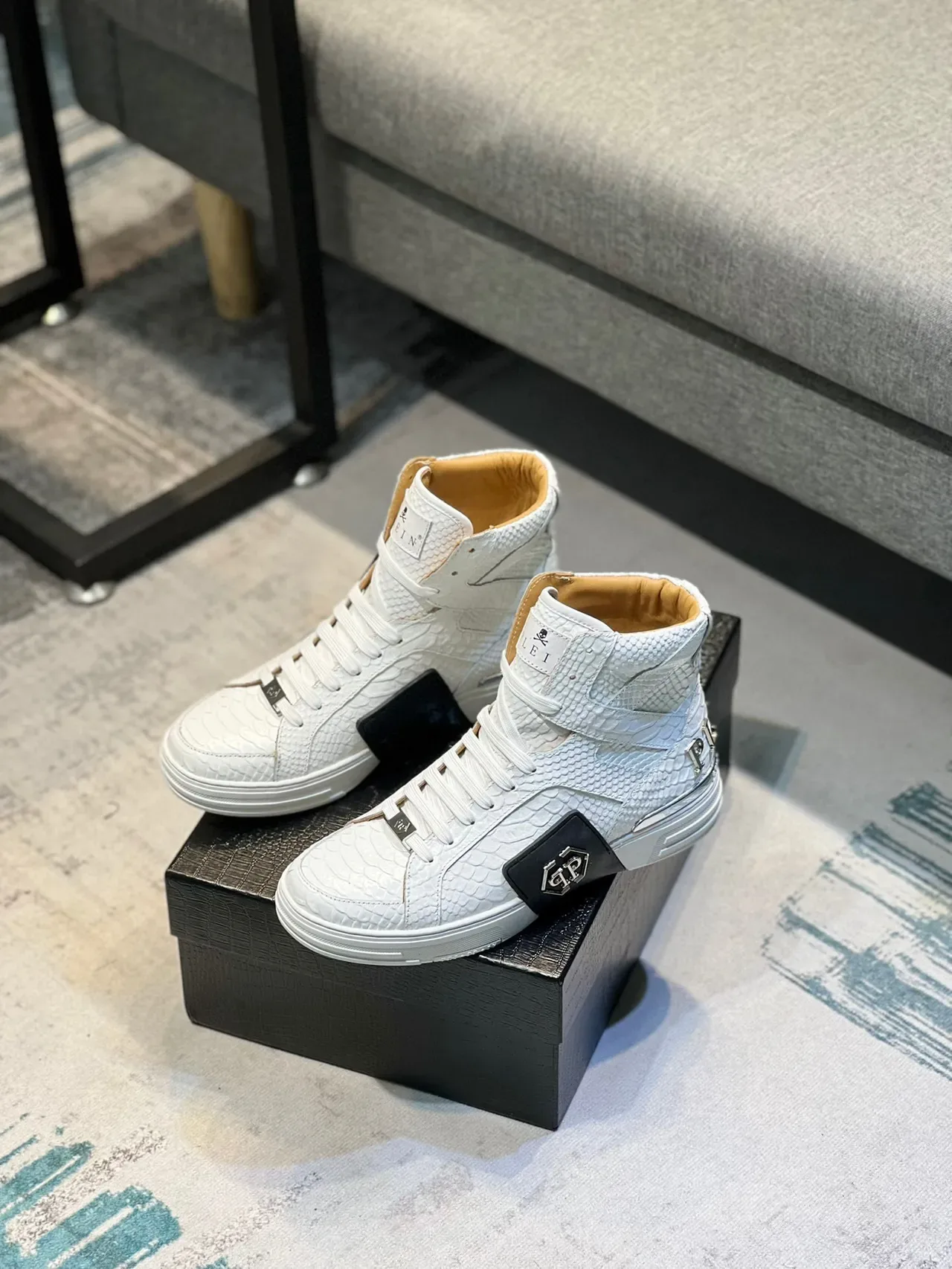 Philipp Plein White Black High-Top Crocodile-Embossed Leather Lifestyle Sneakers 8