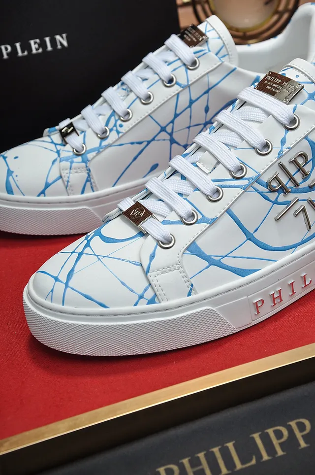 Philipp Plein Branco Azul tênis lifestyle de couro com topo baixo 3
