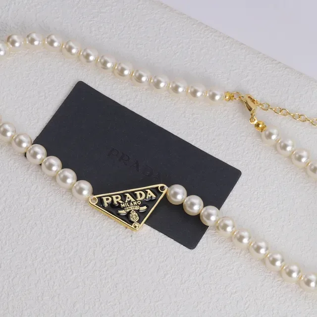 Prada Beige Gold Pearl Strand Triangle Pendant Necklace 2
