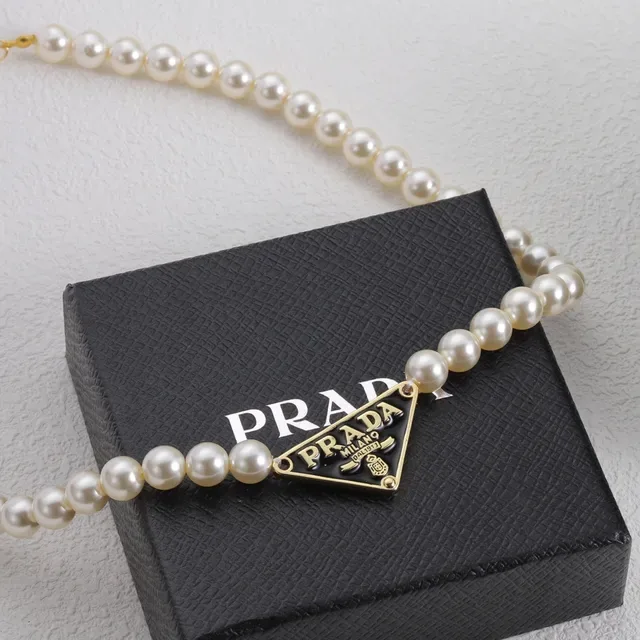 Prada Beige Gold Pearl Strand Triangle Pendant Necklace 3