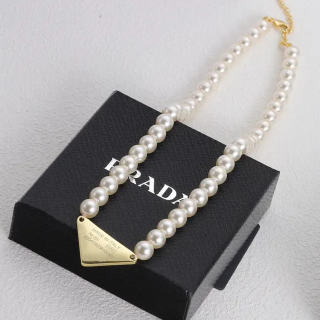 Prada Beige Gold Pearl Strand Triangle Pendant Necklace 4