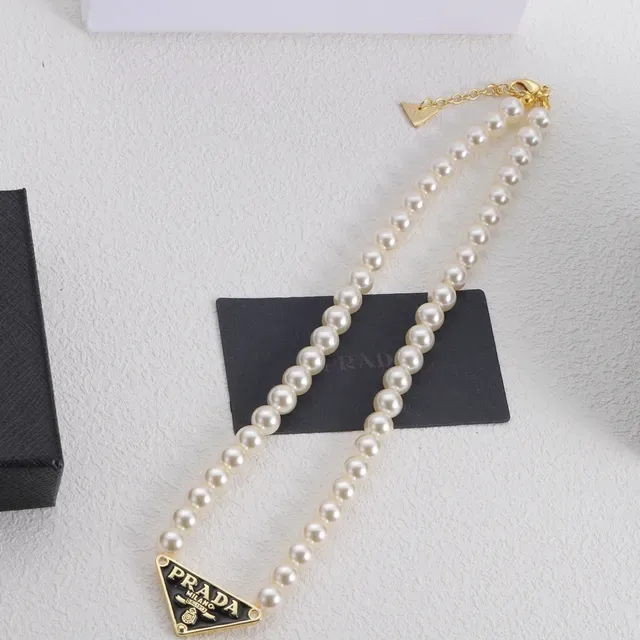 Prada Beige Gold Pearl Strand Triangle Pendant Necklace 6