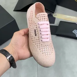 Prada Beige Pink Knit Mesh Upper Perforated Grid Pattern Lifestyle Sneakers