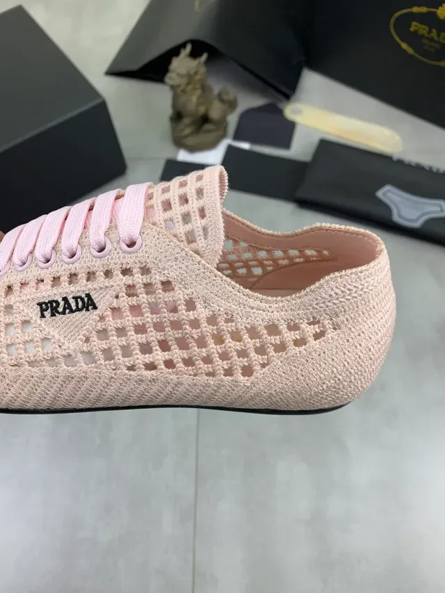 Prada Beige Pink Knit Mesh Upper Perforated Grid Pattern Lifestyle Sneakers 4