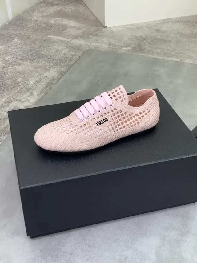Prada Beige Pink Knit Mesh Upper Perforated Grid Pattern Lifestyle Sneakers 5