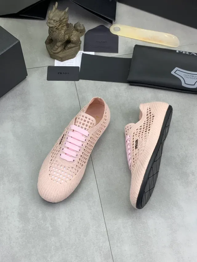 Prada Beige Pink Knit Mesh Upper Perforated Grid Pattern Lifestyle Sneakers 6