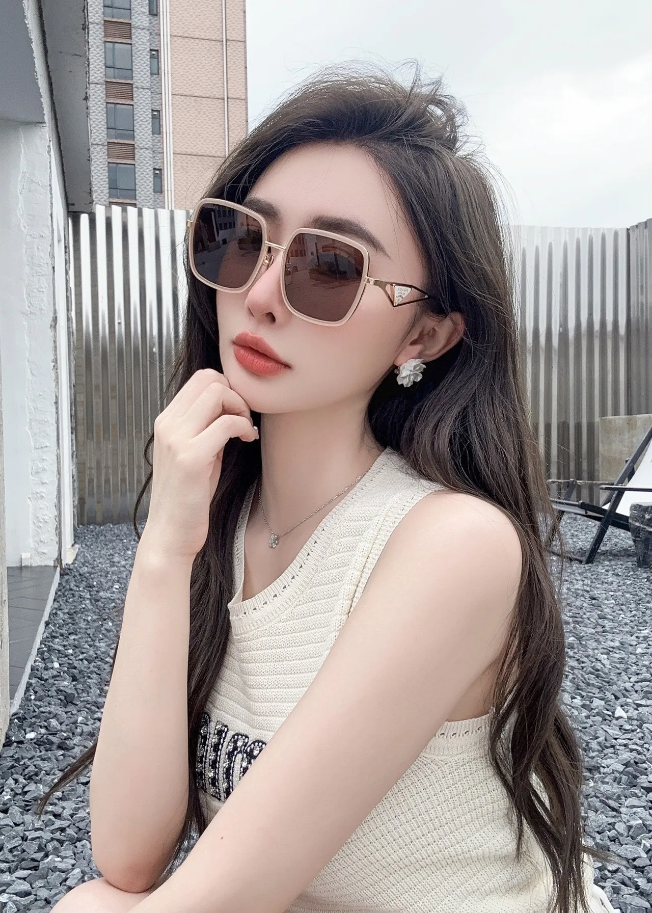 Prada Black Gold Oversized Square Frame Metal Accents Sunglasses 2